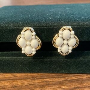 1960s White Plastic and Gold Colored Metal Clip Back Earrings